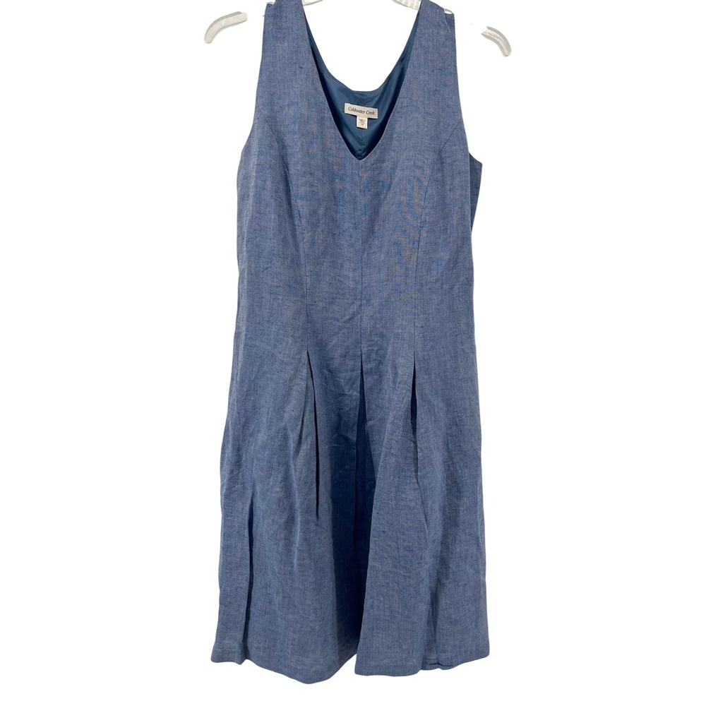 Coldwater Creek Blue Linen Blend Sleeveless V-Neck Pleated Midi Dress Womens 16